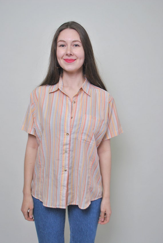 90s multicolor striped blouse, vintage summer button front blouse with short sleeve, Size M