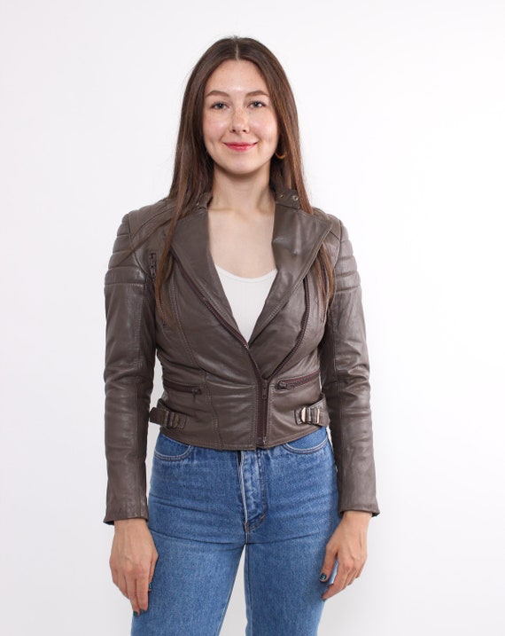 90s leather crop biker jacket vintage woman rocker grunge jacket in brown, Size XS