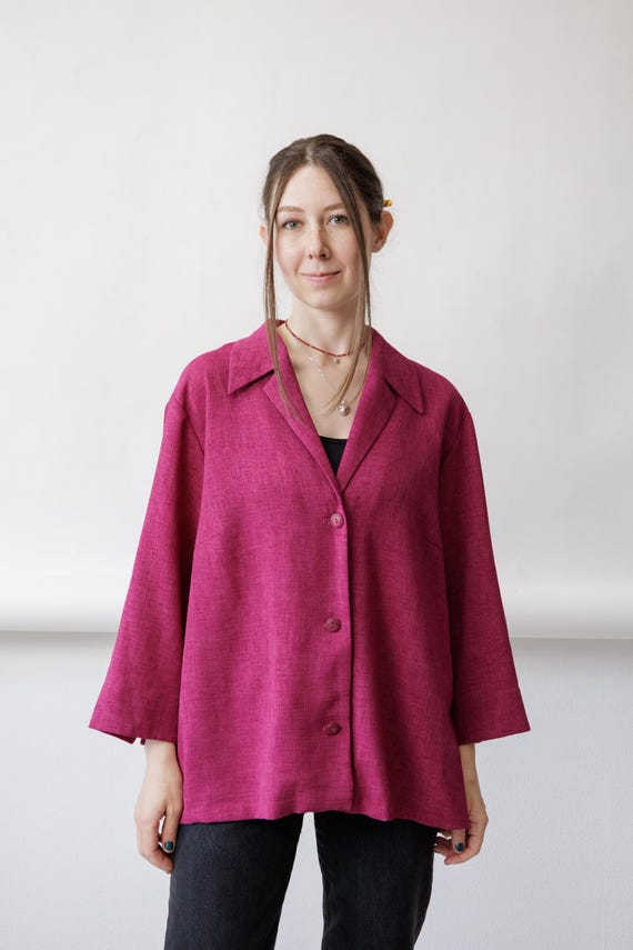 90s Magenta Swing Blouse Vintage Linen Look Notched Collar Oversized Boxy Shirt Size XL