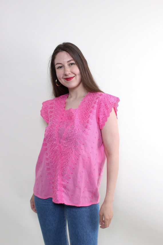 80s Vintage Pink Lace Blouse: Embroidered Floral Top, Size M