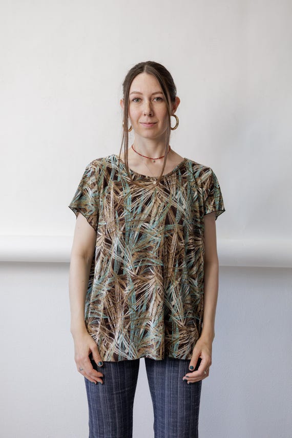 90s Palm Print Top Vintage Brown Teal Ribbed Short Sleeve Blouse Size L