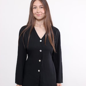 90s black long sleeve blouse, vintage minimalist button up shirt with v-neck, Size L