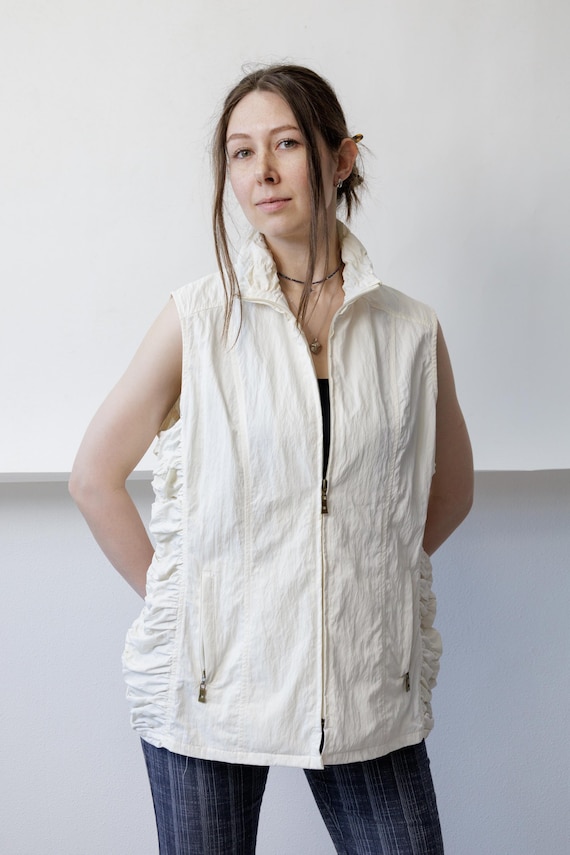 Y2K Cream Ruched Zip Vest Sleeveless High Collar Gold Hardware Utility Gilet L