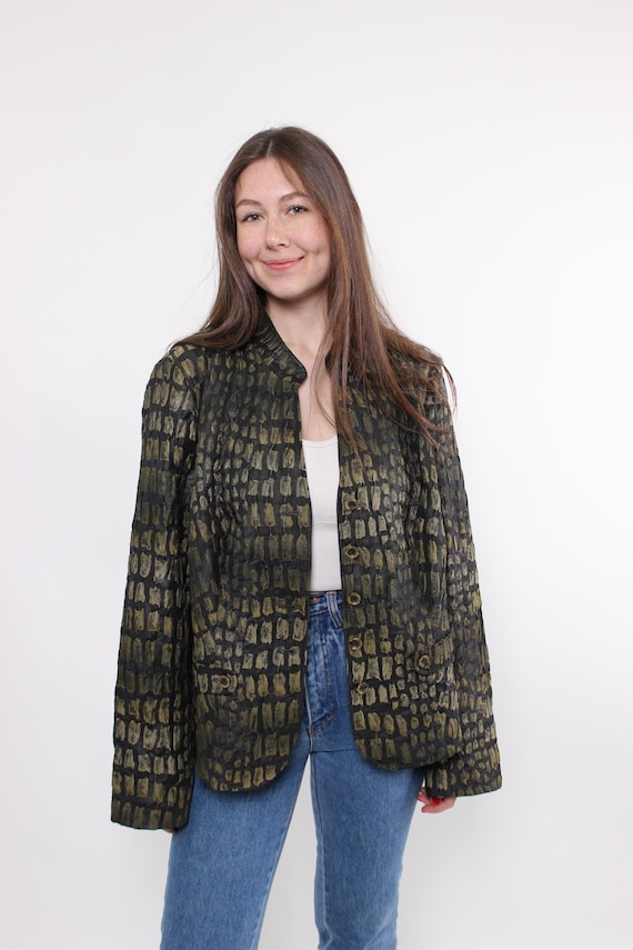 80s abstract print crop blazer, vintage button detail lightweight jacket in green, Size L