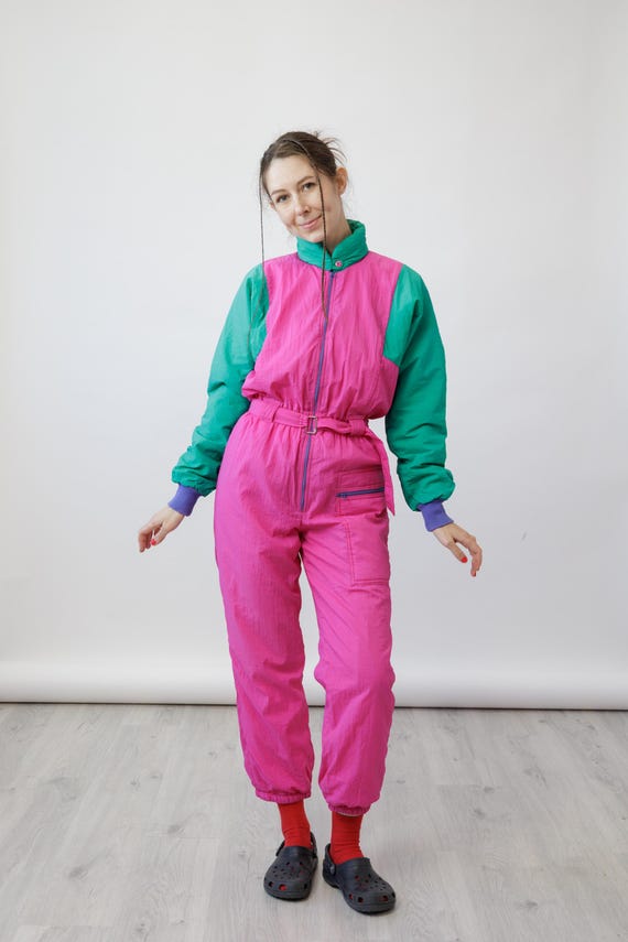 Hot Pink Green Colorblock Belted Vintage Ski Suit Jumpsuit Purple Cuffs Size S