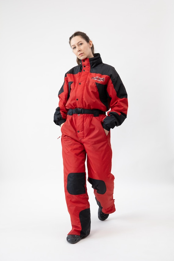 Vintage Red Black Ski Suit One Piece Belted Size L