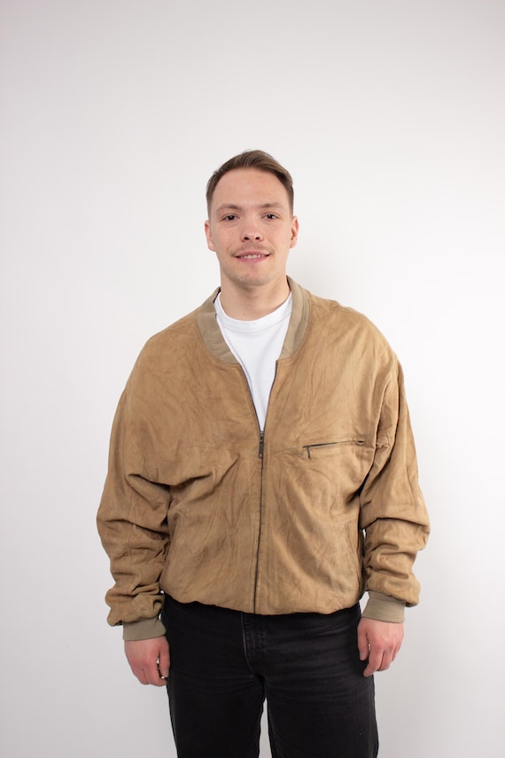 Vintage 90s Tan Leather Bomber Jacket, Retro Minimalist Oversized Suede Look , Size XL