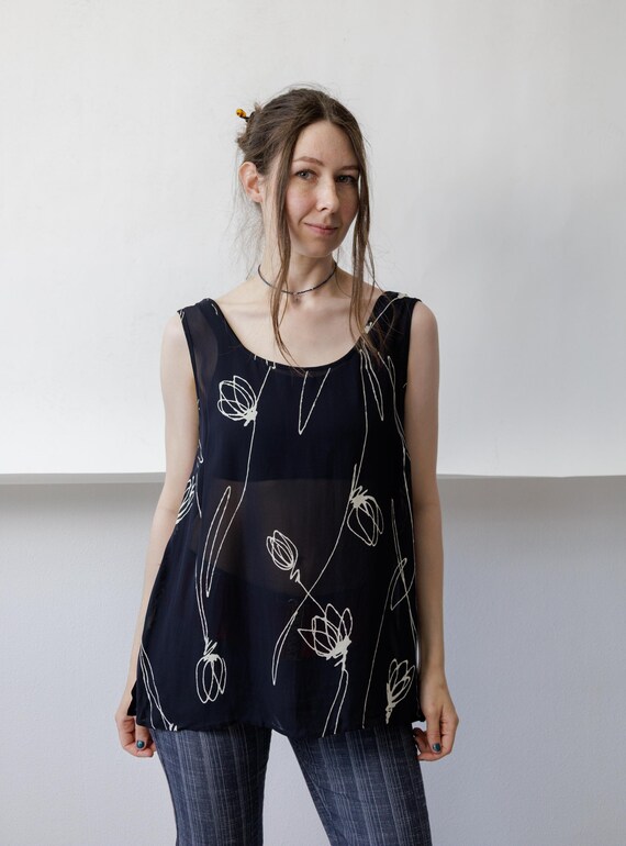90s Sheer Chiffon Line Art Floral Tank Navy Cream Sleeveless Sketch Print Size L
