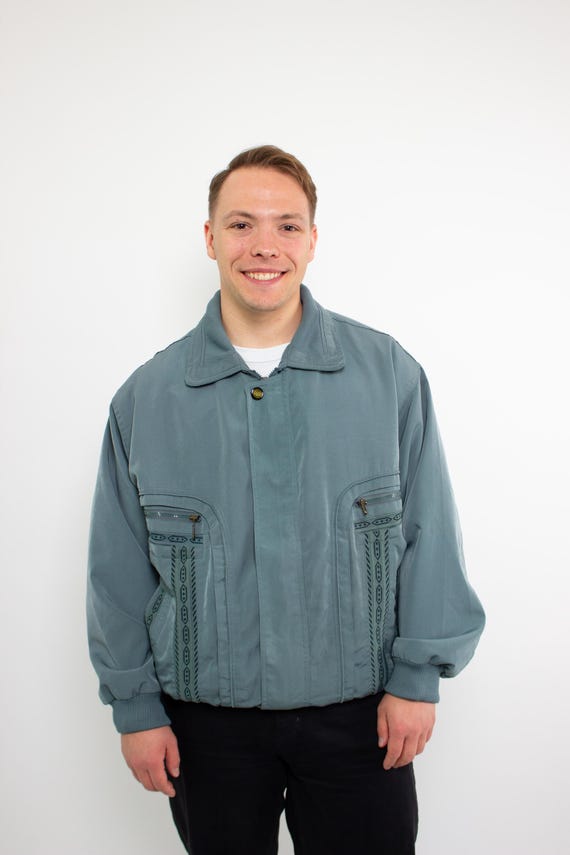 Vintage 90s Green Bomber Jacket L Retro Streetwear Aviator Jacket Oversized Zip Up