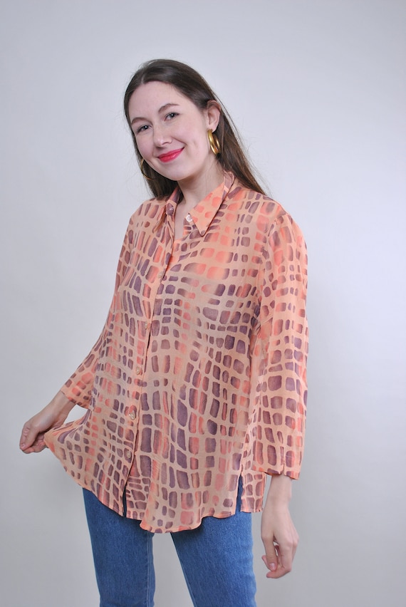 Abstract pattern 80s vintage orange blouse, Size M