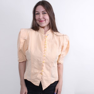 80s puff sleeve lace blouse in peach color, vintage cotton fitted blouse, Size M