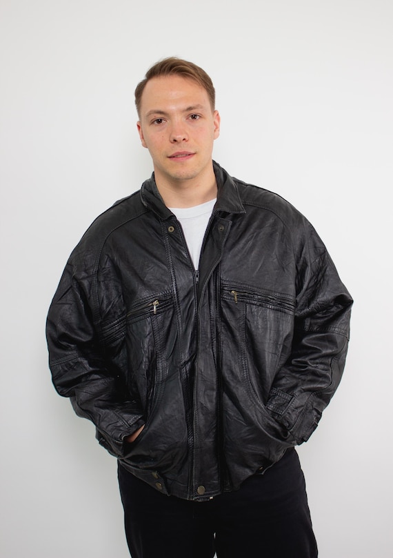 Vintage 90s Black Leather Jacket, Retro Grunge Leather Coat with Lining, Size L