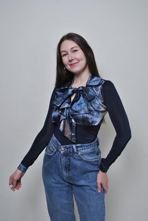 Y2k Navy Mesh Top Blue Satin Pussybow Jabot Snakeskin Print Going Out Blouse Small