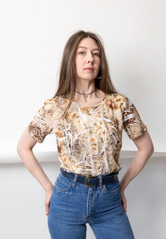 Y2K Mesh Leopard Blouse Vintage 00s Floral Print 3D Ribbon Texture Top Size M