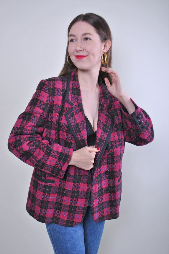 Women retro red plaid oversized blazer jacket, Siz