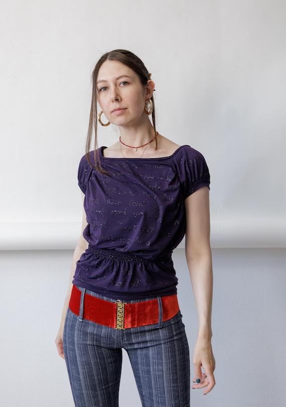 y2k printed puff sleeve blouse in purple, vintage 2000s stretchy pullover blouse, Size M