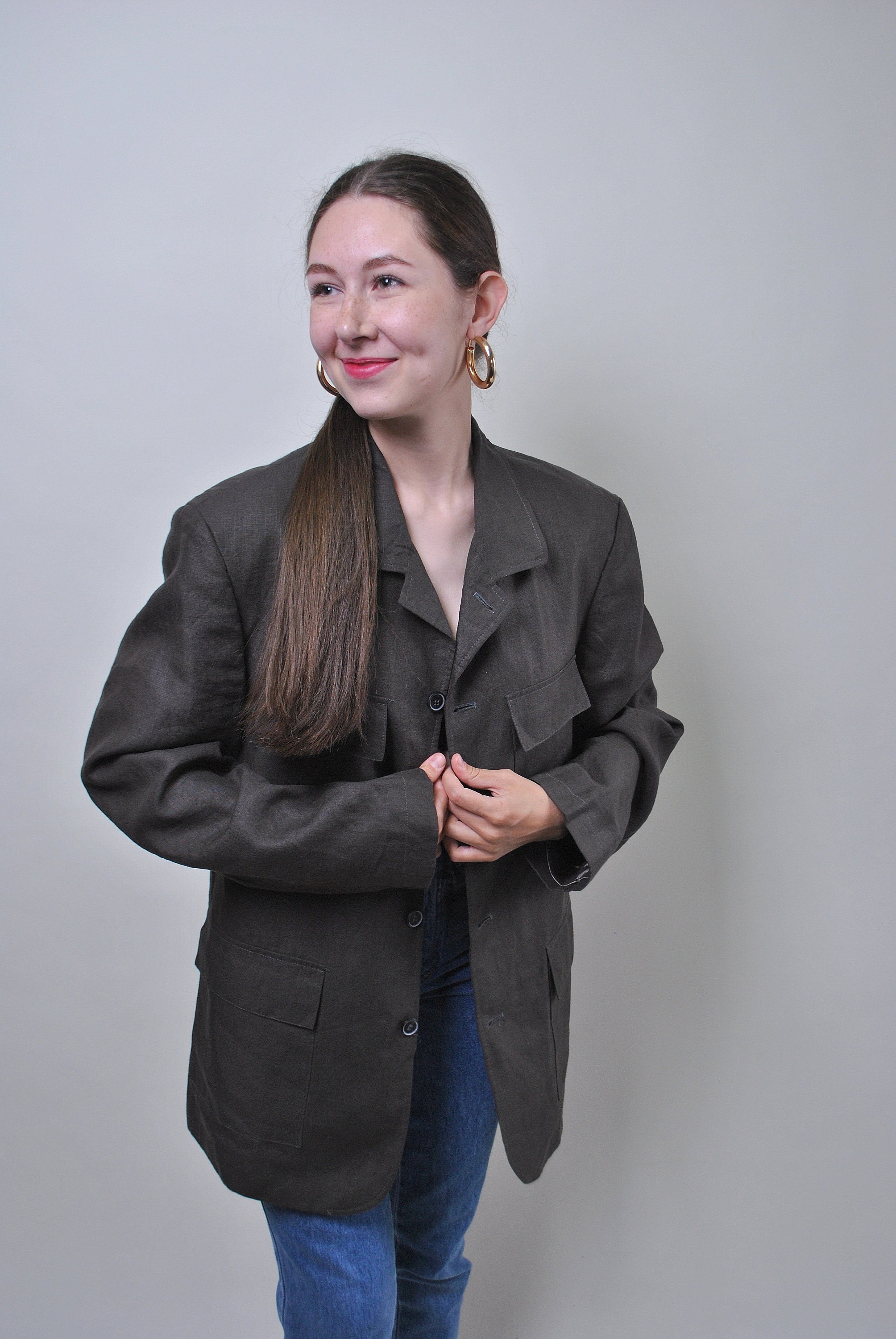 Vintage Linen Grey Blazer Retro Minimalist Oversized Jacket - Etsy