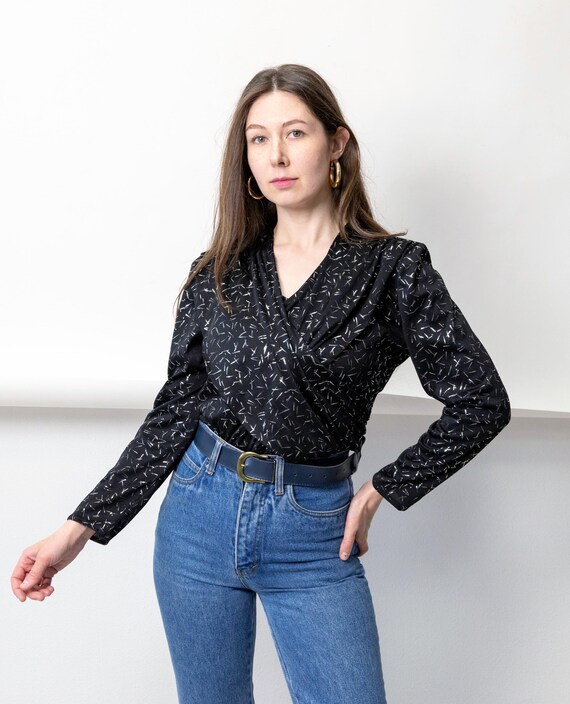 80s Black Silver Wrap Blouse Vintage Lurex Sparkle Cropped Puff Sleeve Top Size M