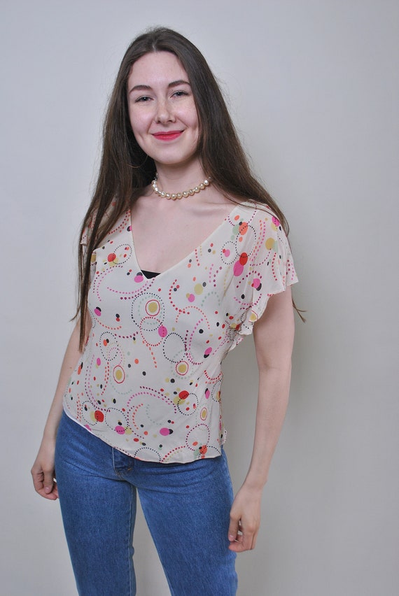 90s Vintage Polka Dot Blouse: Abstract Print Crop Top, Size M