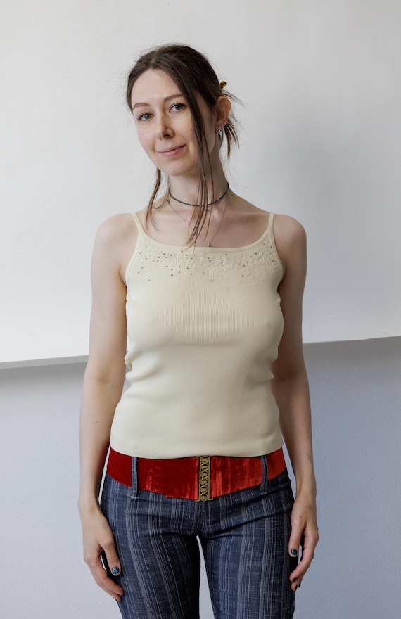 Y2K Cream Ribbed Knit Cami Beaded Sequin Neckline Spaghetti Strap Fitted Tank Top S