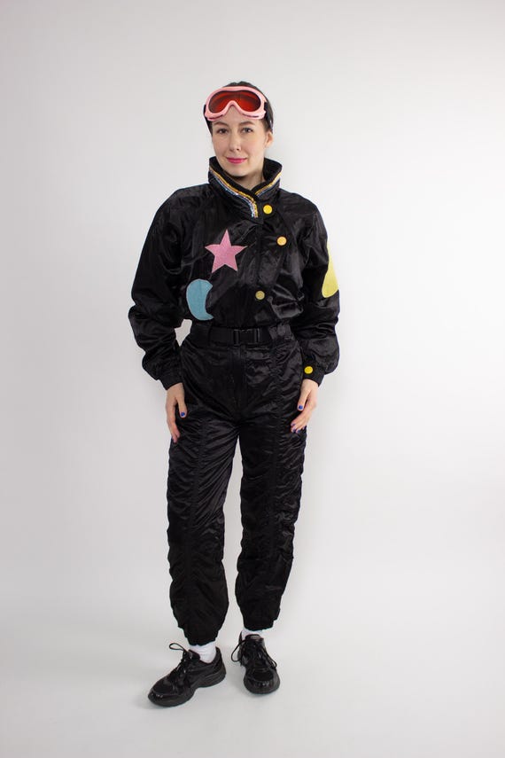 90s Black One Piece Ski Suit Vintage Star Moon Appliqué Retro Snowsuit Size M