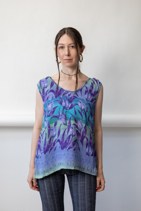80s Purple Tulip Print Tank Top Vintage Turquoise Floral Sleeveless Summer Blouse Size L