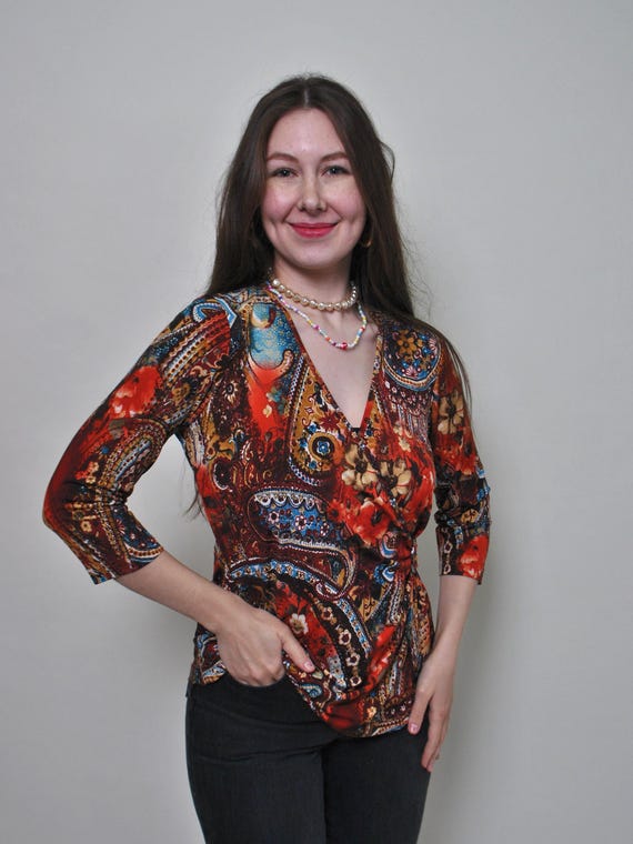 Paisley Floral Print Wrap Blouse, Y2K Red Stretch Top with Ring Belt and V-Neck, M