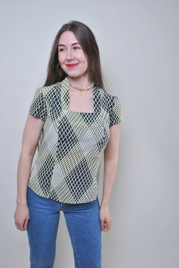 Argyle Diamond Print Square Neck Cap Sleeve Blouse Y2K M