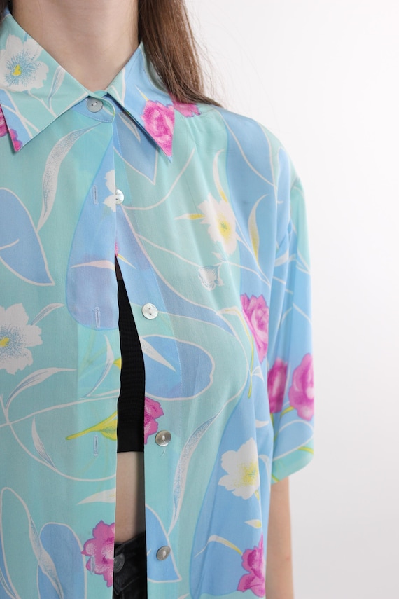 Pink Rose Silk Blouse, Turquoise Floral Oversized Top, 80s, Size L