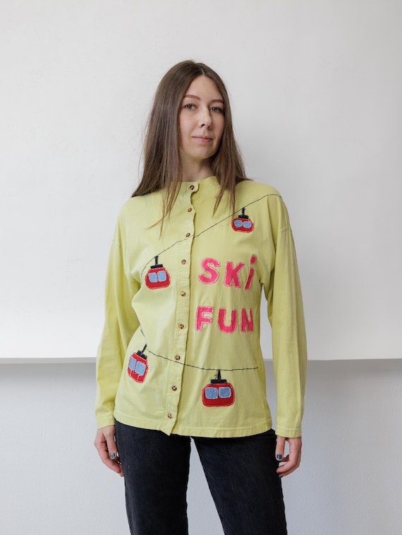 Reworked  90s Ski Appliqué Cotton Shirt – Vintage Yellow Button Up, Size M