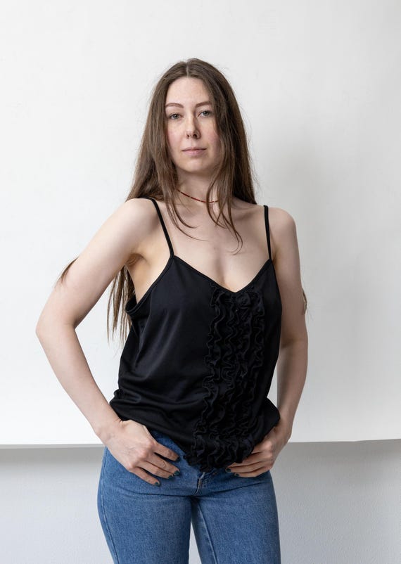 Black vintage ruffle cami top 90s V-neck sleeveless tank with frill detail Size L
