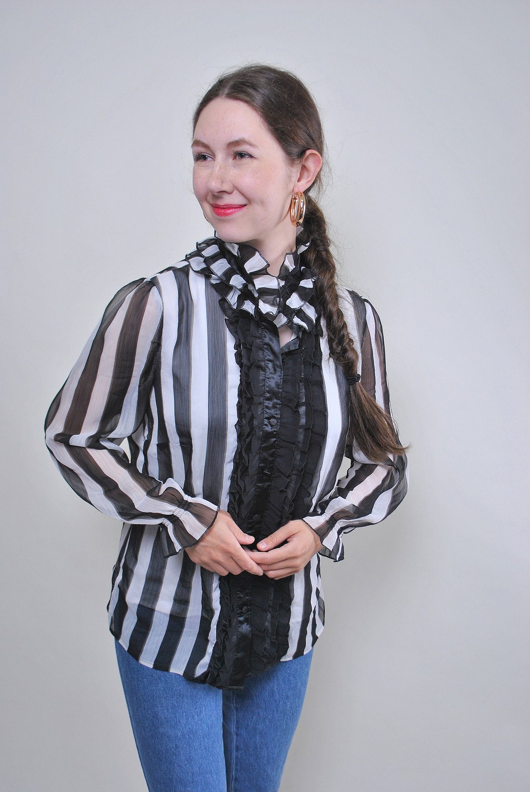Vintage Ruffled Collar Blouse, 90s Retro Striped Ruffle Sheer Shirt ...
