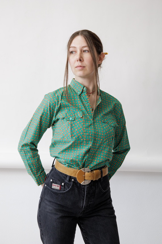 80s Emerald Foulard Print Shirt Vintage Tie Print Flap Pocket Button Up Size S