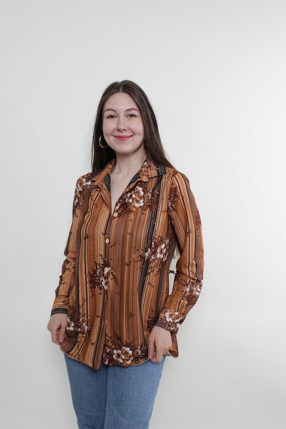 Vintage flower print blouse, 90s floral pattern brown striped button-up shirt, Size L
