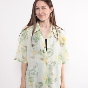 90s flowers print romantic blouse, vintage bohemian floral blouse in green, Size L