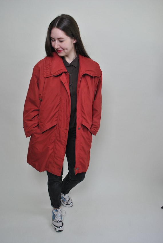 90s minimalist autumn coat in red, vintage plus size fall parka jacket , Size XL