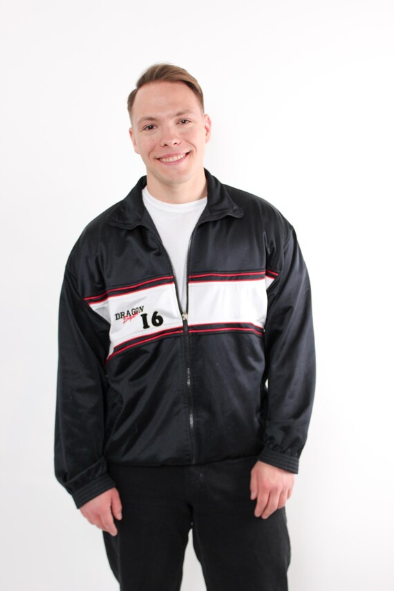 90s Black Track Jacket White Racing Stripe Sporty Graphic Full Zip Windbreaker Size L
