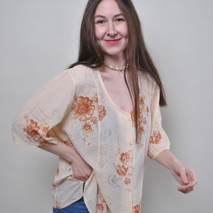 Vintage 80s flowers blouse, sheer floral blouse, oversized blouse, Size L