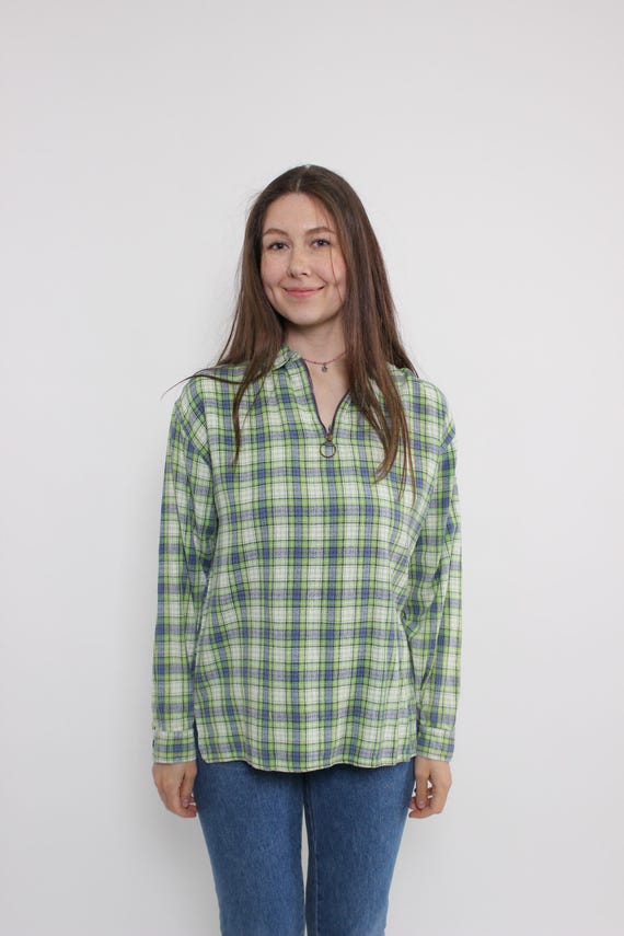 90s Green Plaid Zip Collar Shirt Vintage Cotton Check Popover Long Sleeve Size L