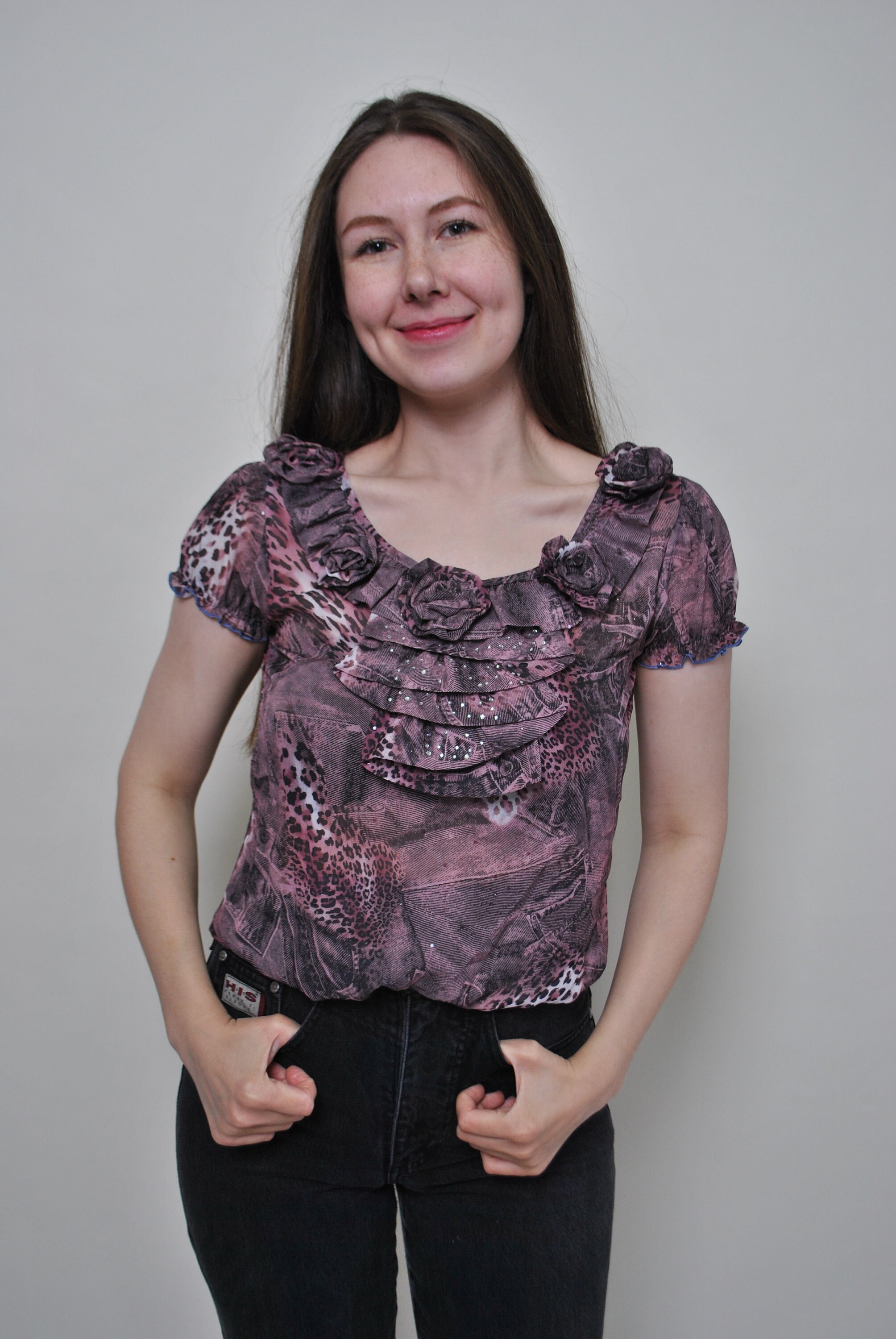 2000s Leopard Print Ruched Blouse, Vintage Ruffle Crop Top in Pink