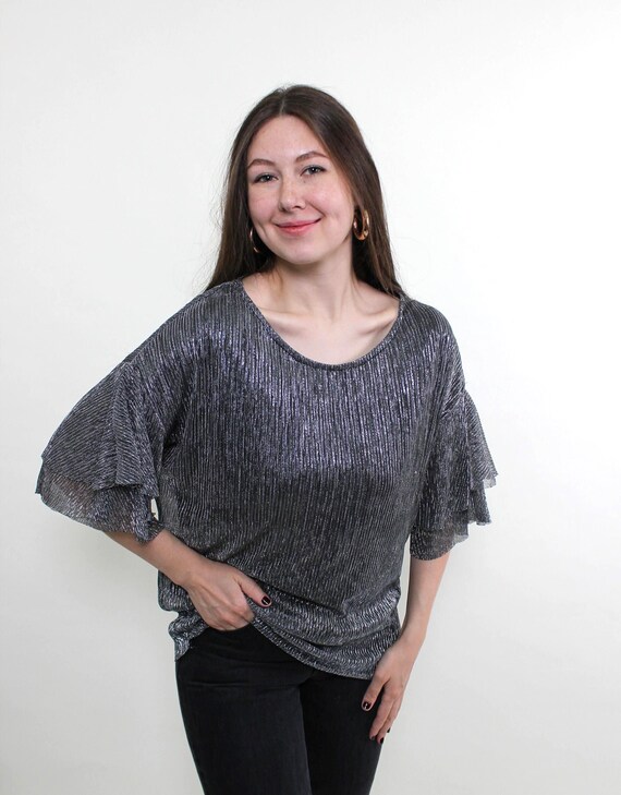Silver metallic vintage top, 90s pleated ruffle sleeve party blouse, size L