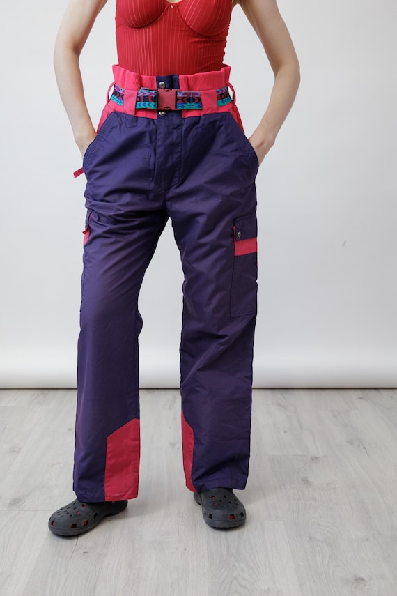 90s Purple Hot Pink Colorblock Vintage Ski Pants Aztec Belt Rib Knit Waist Cargo Unisex Size M
