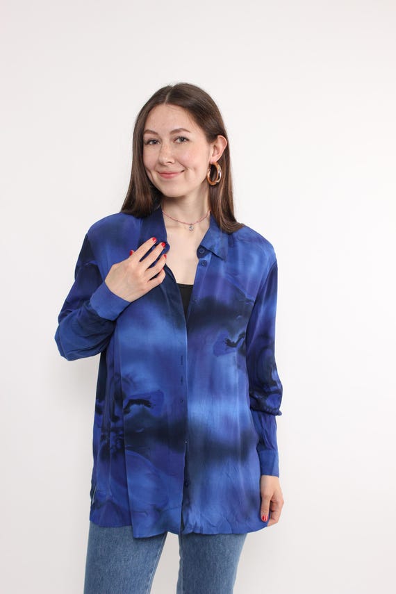 90s abstract print blouse, vintage shoulder pads blouse in blue, Size L