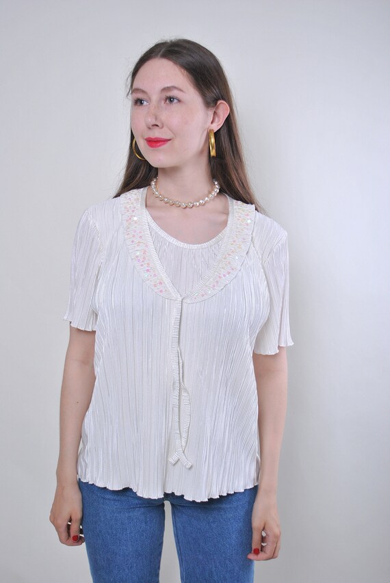 90s textured lace blouse in white, vintage sequins collar pullover blouse, Size S