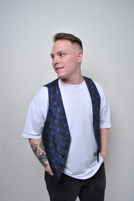 90s Vintage Abstract Print Vest: Fitted Retro Top, Size S