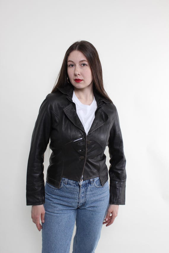 Vintage 90s Black Cropped Leather Jacket, Fitted Y2K Moto Blazer, Size S