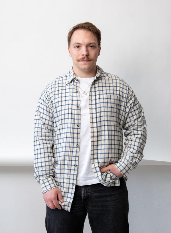 Vintage Cream Windowpane Check Flannel Shirt Size L