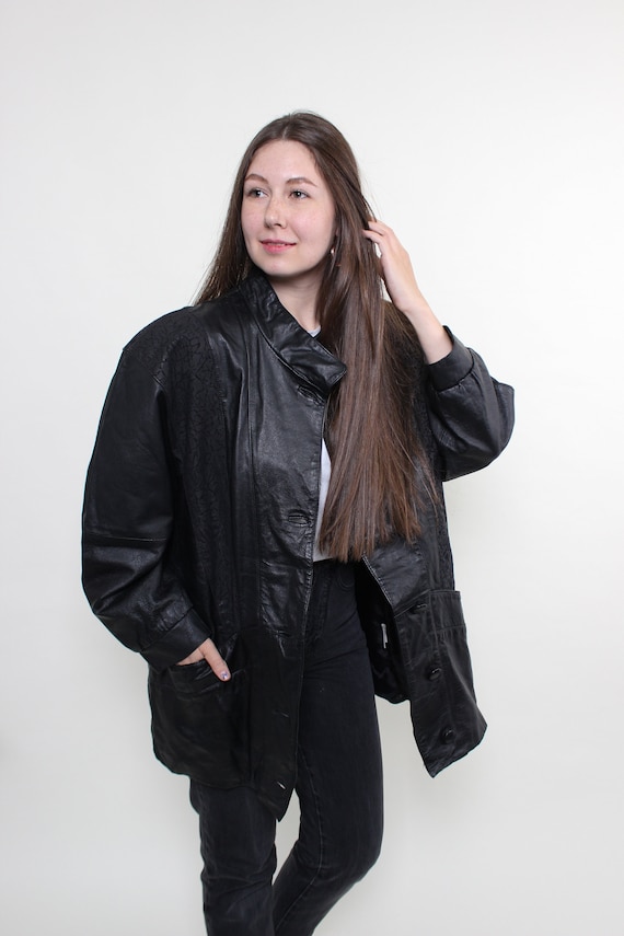 80s Black Leather Coat Vintage Oversized Embossed Funnel Collar Slouchy Size L
