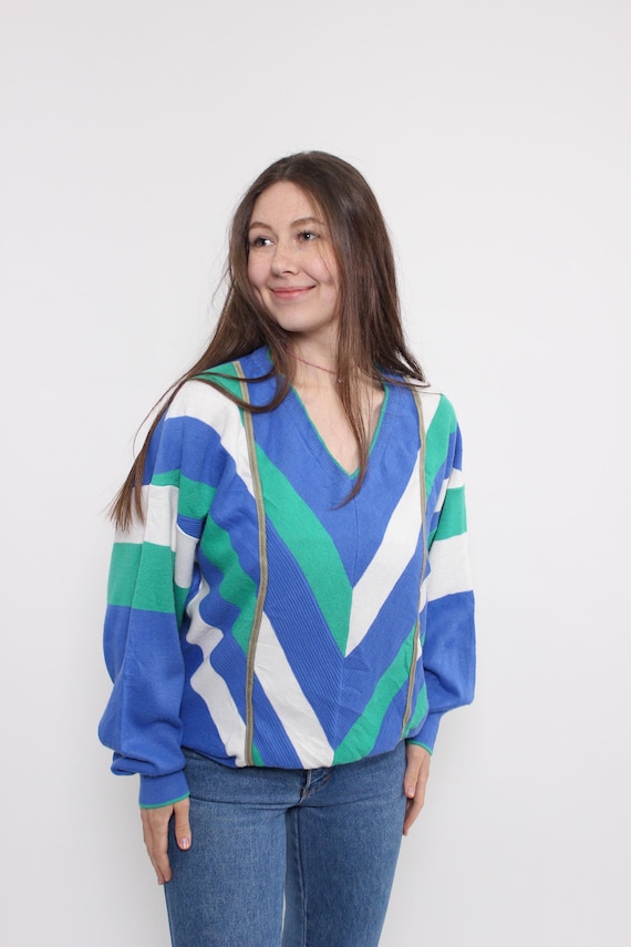 90s Blue Green Chevron Knit Sweater Vintage V-Neck Wool Blend Italy Size M