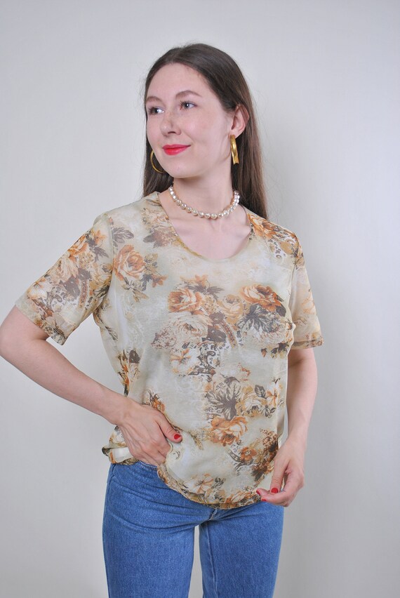 90s pullover flowers top, Woman vintage green floral short sleeve blouse, Size M
